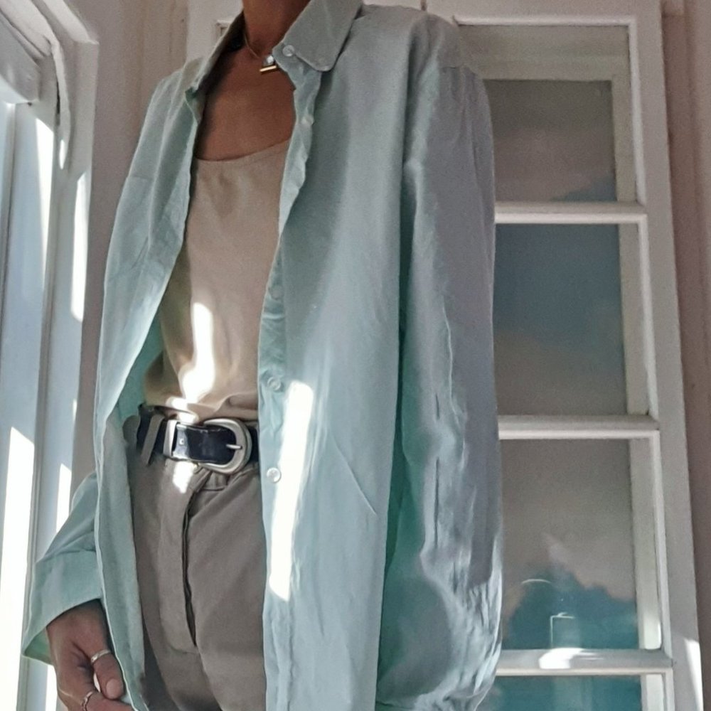 Light turquoise polka dotted button down